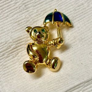 Vintage Gold Tone Green Eye Teddy Bear - Enameled Umbrella Brooch Mint Condition